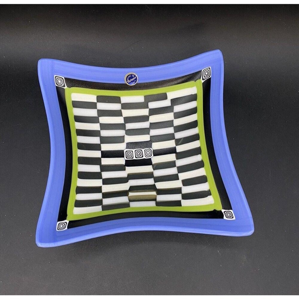 Murano Woven Glass Bowl Checkerboard  Blue White Black Green